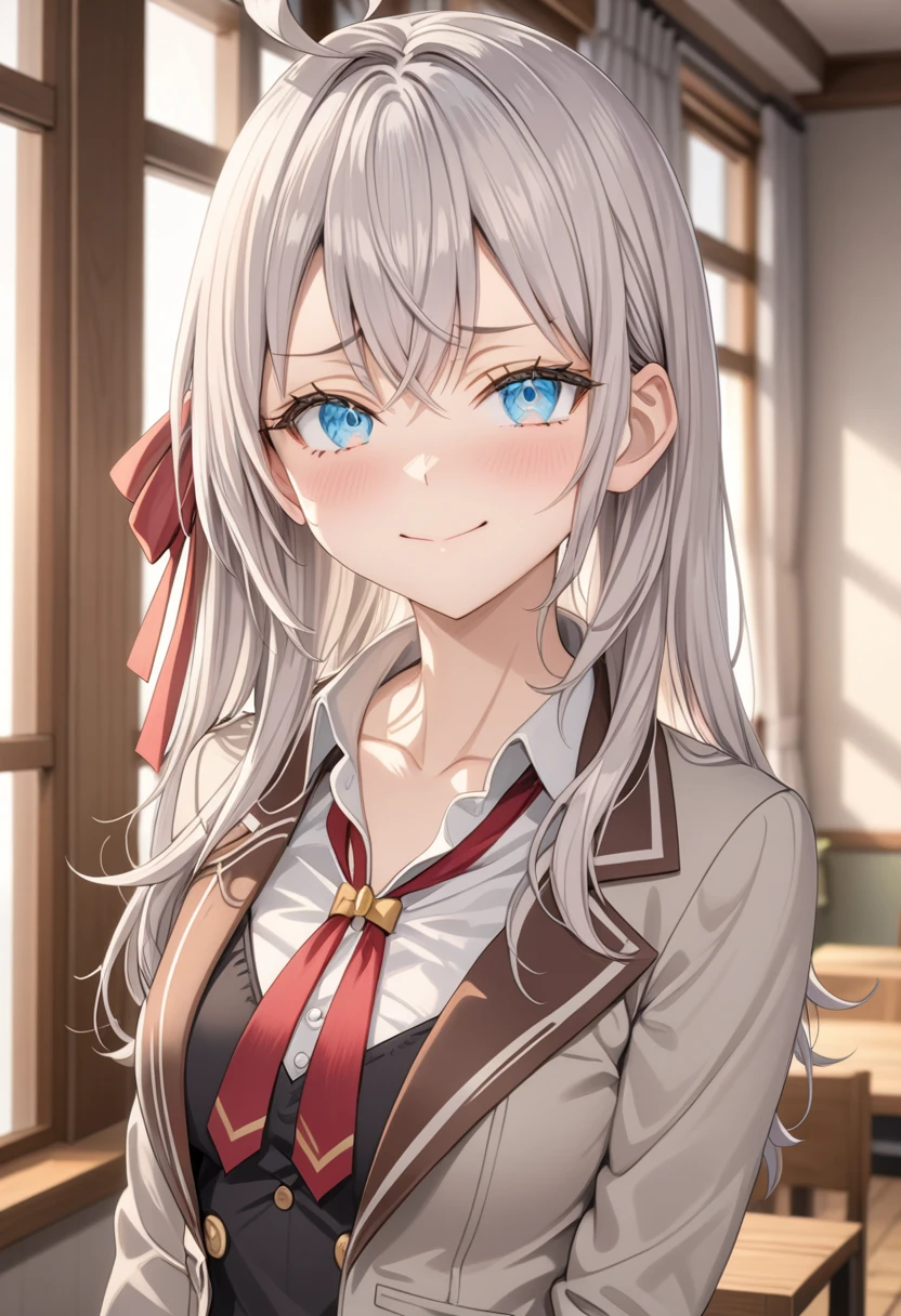 ultra-detailed, 8k, Beautiful Face, One girl, Alisa Mikhailovna Kujo,Tomorrow, my friend, Arya-san, will be visiting Russia.,alone, ((Anime style background)),masterpiece, Highest quality, AI-generated, Complex,High resolution, Highest quality, super high quality,3D Images、3D Images, (Brighten your face), so beautiful,Latest, Complex details, Long Hair, Eyebrows visible through hair, Hair between the eyes, Silver Hair, Hair Ribbon, blue eyes, (Colorful eyes), (Shining Eyes), Medium chest, ,Long sleeve, Jacket,
View your viewers, Upper Body, Dutch Angle,Mouth closed, Close one eye, A light smile,
Highest quality, so beautiful, Absurd,