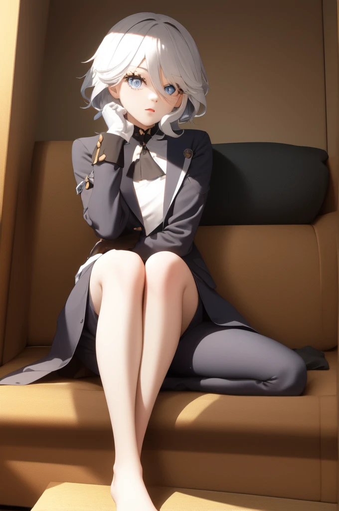 One girl, alone, Sitting, From below, feetを組む,
Gray Hair, White gloves,
feet, feet裏, 裸feet,
put your hand on your face, Tilt to the side,
View your viewers,
Glare, anger,
sofa,, Strange atmosphere, (Highest quality:1.1), (masterpiece:1.2), High Quality Shadows, Beautiful details, (Skin with attention to detail, Skin Details), (wide_landscape, 8k), Beautiful Face, Detailed eyes, Depth of written boundary, Dramatic Light, Highest quality, High resolution, Best Shadow, Best lighting,Put your hand over your mouth