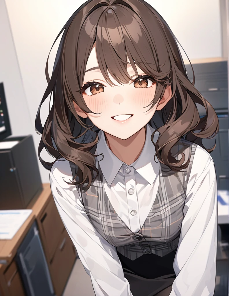 (Highest qualityのイラスト:1.2), (pretty girl:1.1), (1 girl、17 years old、Highest qualityのイラスト:1.2), (1 girl、smile、Small breasts、Very detailedな目:1.2)、{(((Dark brown hair)))、short hair、Wavy Hair、Curly Hair、Low Twintails}、Small breasts、(Highest quality、Very detailed、Very detailed and beautiful、Ultra-high resolution) 、BREAK wearing a [[white and gray plaid pattern]] vest over a long sleeve white collared-shirt), (buttoned gray vest:), (tight black pencil skirt)、office、Front facing、smile、
