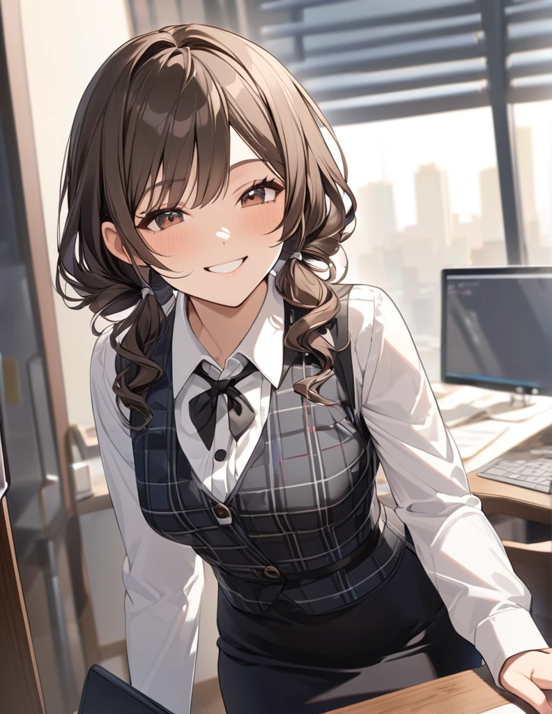 (Highest qualityのイラスト:1.2), (pretty girl:1.1), (1 girl、17 years old、Highest qualityのイラスト:1.2), (1 girl、smile、Small breasts、Very detailedな目:1.2)、{(((Dark brown hair)))、short hair、Wavy Hair、Curly Hair、Low Twintails}、Small breasts、(Highest quality、Very detailed、Very detailed and beautiful、Ultra-high resolution) 、BREAK wearing a [[white and gray plaid pattern]] vest over a long sleeve white collared-shirt), (buttoned gray vest:), (tight black pencil skirt)、office、Front facing、smile、
