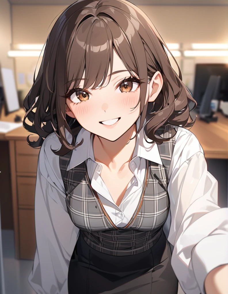 (Highest qualityのイラスト:1.2), (pretty girl:1.1), (1 girl、17 years old、Highest qualityのイラスト:1.2), (1 girl、smile、Small breasts、Very detailedな目:1.2)、{(((Dark brown hair)))、short hair、Wavy Hair、Curly Hair、Low Twintails}、Small breasts、(Highest quality、Very detailed、Very detailed and beautiful、Ultra-high resolution) 、BREAK wearing a [[white and gray plaid pattern]] vest over a long sleeve white collared-shirt), (buttoned gray vest:), (tight black pencil skirt)、office、Front facing、smile、
