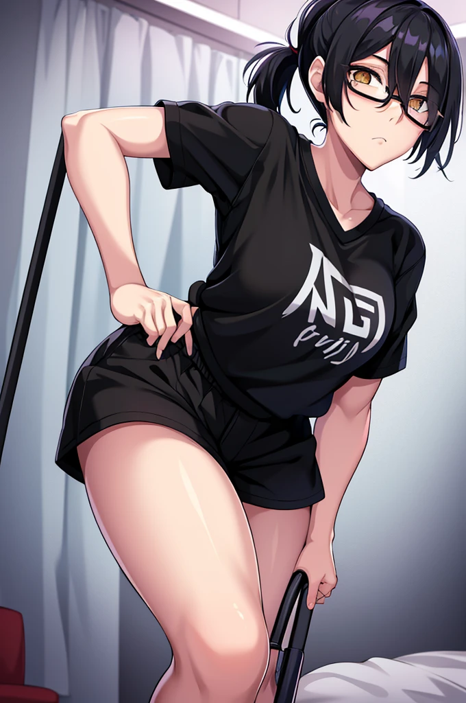 woman, hair over one eye, golden eyes, Tomboy, standing, black sweatshorts, shirt, looking at viewer, black short hair with a ponytail, bedroom background, round glasses, bags under eyes, tired, solo, using a crutch