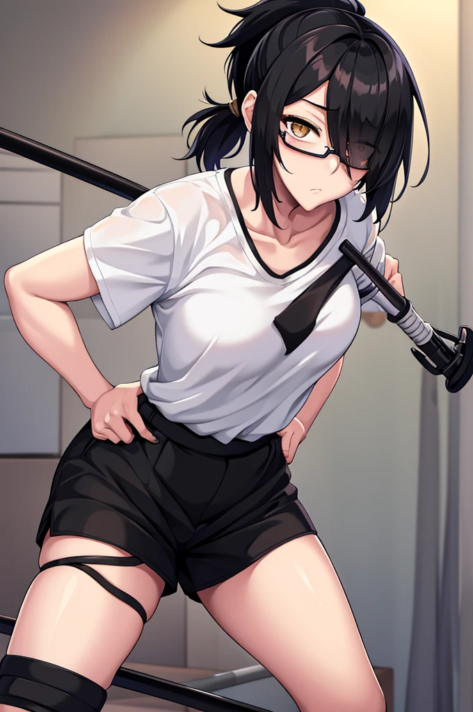 woman, hair over one eye, golden eyes, Tomboy, standing, black sweatshorts, white shirt, looking at viewer, black short hair with a ponytail, bedroom, round glasses, bags under eyes, tired, solo, using a crutch, disabled