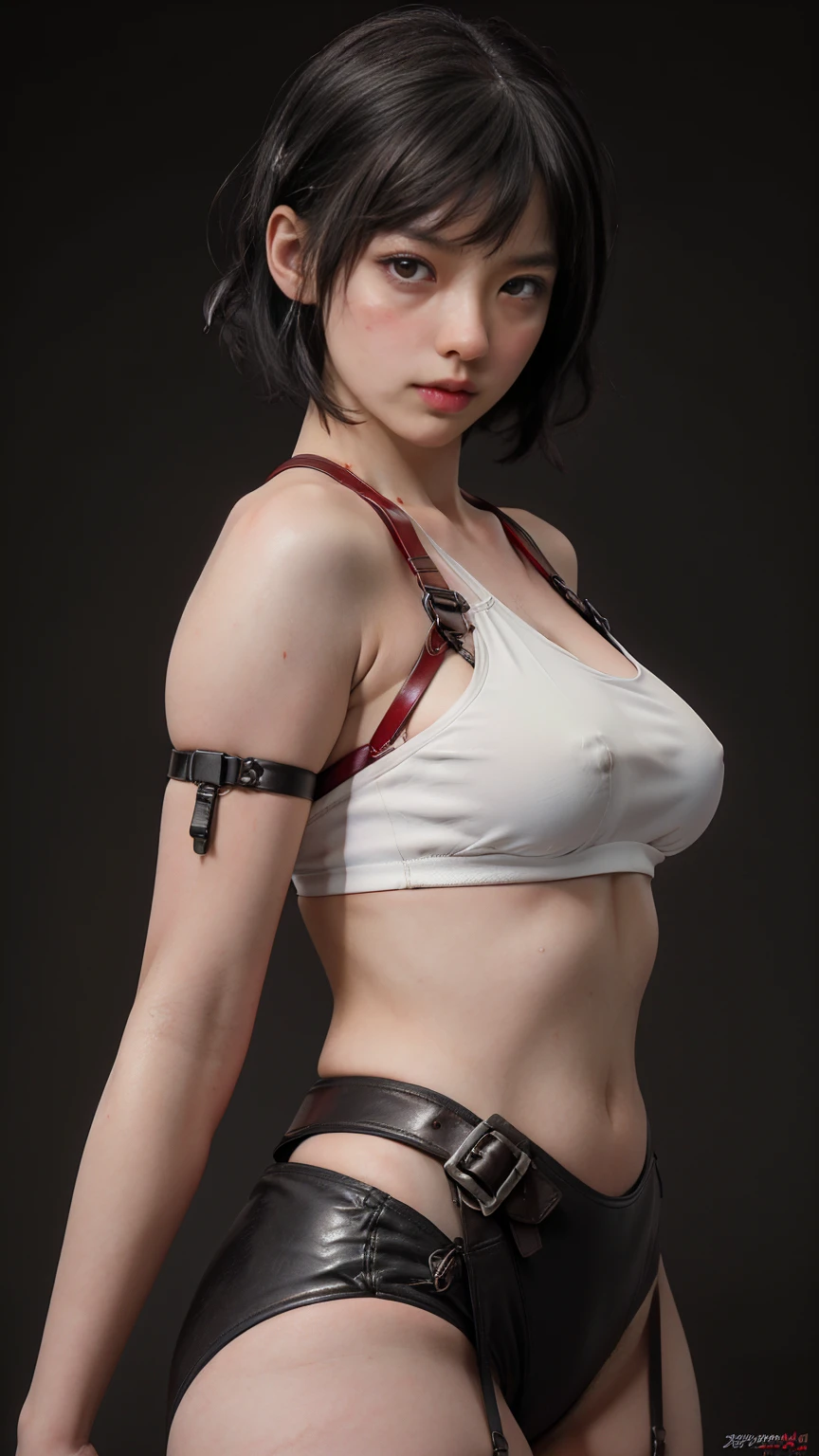 "((Highest quality,16K,High resolution,masterpiece:1.6)),Very detailedな,Very detailed,(Realistic,photoRealistic,photo-Realistic:1.37),  (Huge and stunning goddess shot, Very hot and sexy,((short hair)), Great beauty, Perfect balance, Beautiful body,（ Red and black cyberpunk costume:1.5),  ((White skin:1.5)), Slim body beauty: 1.4),there is a woman in a red bikini and black leather Harness,Wear professional clothing and protective equipment, I rode a lot, Harnesses and garters, Wearing a sexy crop top, Funny costumes, Post-apocalyptic atmosphere, Very sexy devil costume, Cyberpunk Angry Gorgeous Goddess, skintight red leather armor, Harness, Soft indirect lighting in the studio,((Delicate artwork on a dark grey background))、((A beautiful figure that stands out against a dark background))、

