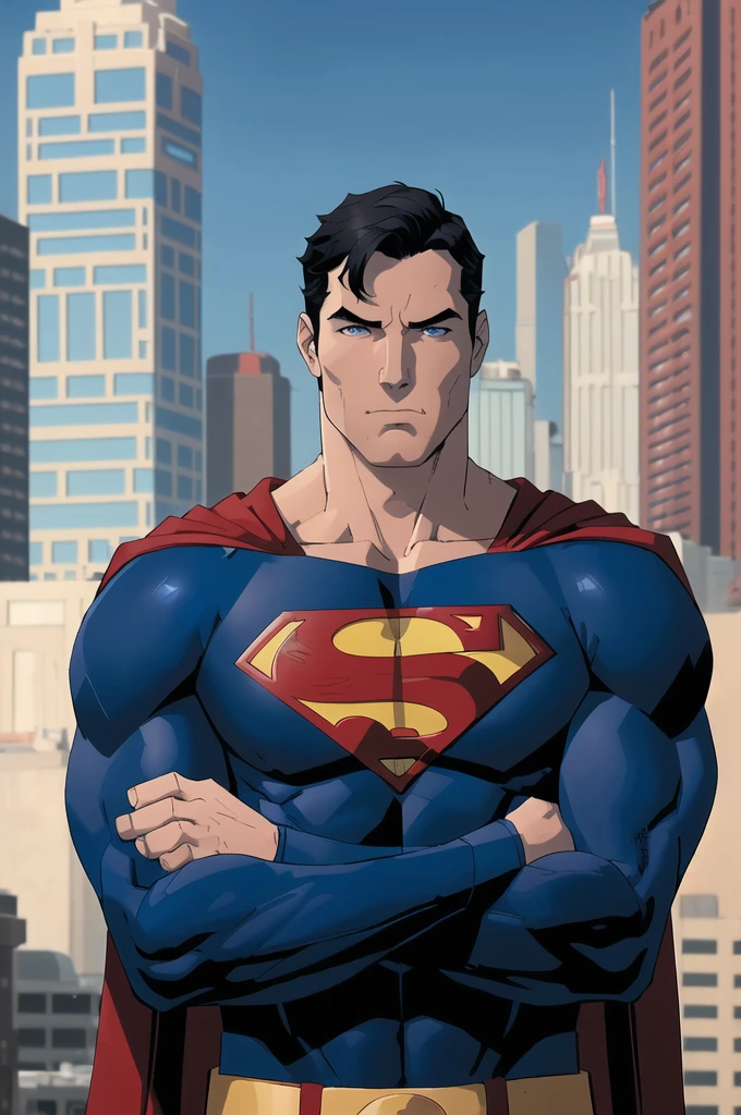 1boy, superman, abs, bara, black hair, blue bodysuit, blue eyes, bodysuit, cape, closed mouth, crossed arms, large pectorals, male focus, muscular, muscular male, pectoral lift, pectorals, red cape, short hair, outdoors, skyscrapers, solo, superhero, upper body , ((masterpiece))