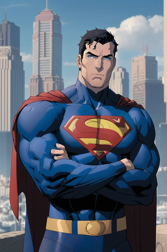 1boy, superman, abs, bara, black hair, blue bodysuit, blue eyes, bodysuit, cape, closed mouth, crossed arms, large pectorals, male focus, muscular, muscular male, pectoral lift, pectorals, red cape, short hair, outdoors, skyscrapers, solo, superhero, upper body , ((masterpiece))