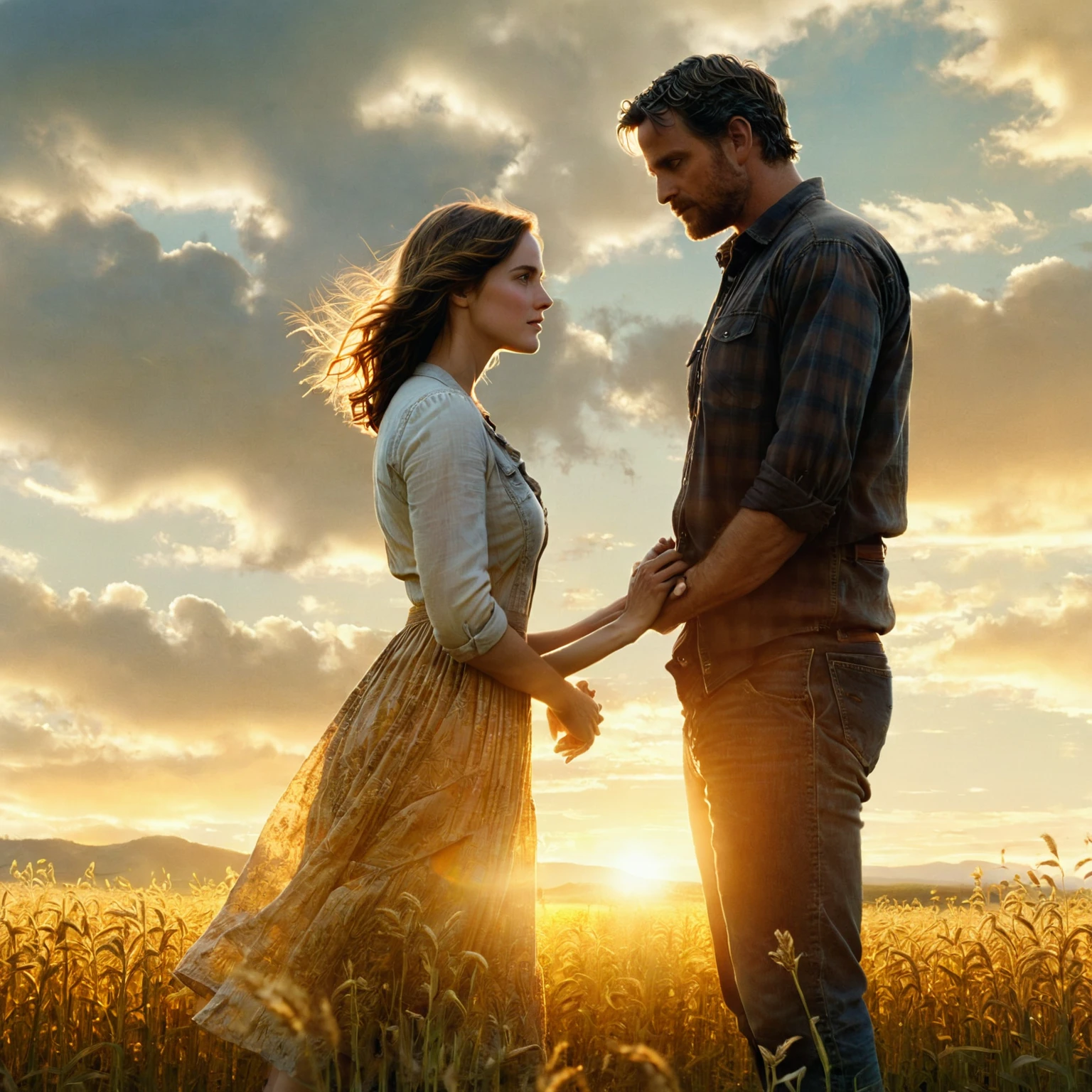 there is a man and a woman standing in a field, the most beautiful scene, wonderful scene, movie promotional image, cinematic movie image, warm beautiful scene, beautiful scene, the endless, 3d movie still, film promotional still, hd movie photo, double exposure of love, magical scene, cinematic movie still, movie film still, mark brooks and brad kunkle