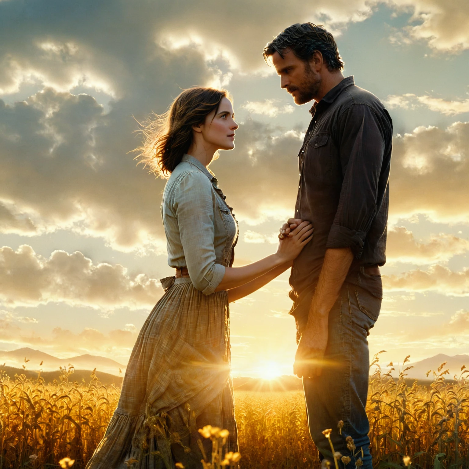 there is a man and a woman standing in a field, the most beautiful scene, wonderful scene, movie promotional image, cinematic movie image, warm beautiful scene, beautiful scene, the endless, 3d movie still, film promotional still, hd movie photo, double exposure of love, magical scene, cinematic movie still, movie film still, mark brooks and brad kunkle