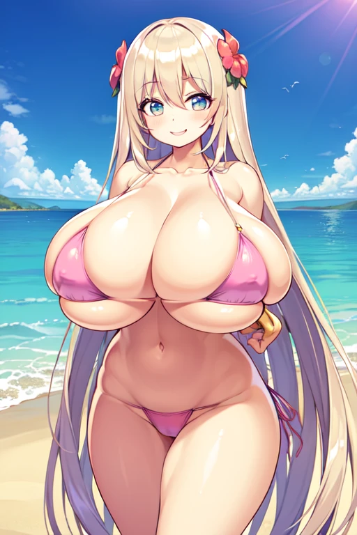 good quality, best quality, highres, absurdres, 8k, 4K, masterpiece, 1girl, White skin, purple multi color eyes, ((huge breasts:1.7)), cleavage, small waist, smile, happy, Wink, Close the square, (gold hair), straight hair, (super long hair:1.5), hair flower ornaments, Pink Micro Bikini, Wearing a bracelet, camel toe, Sandy Beach, coastal,