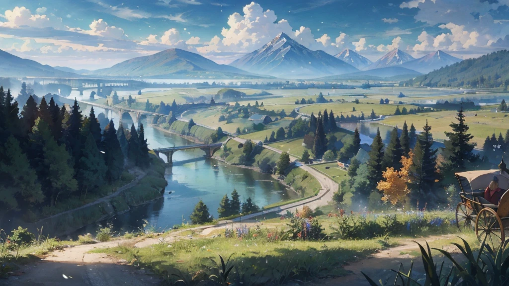 A medieval road along the river, where horse-drawn carriages and travelers come and go, a vast forest spreads out on the other side of the river, grasslands spread out on the opposite bank, and mountains can be seen in the distance.