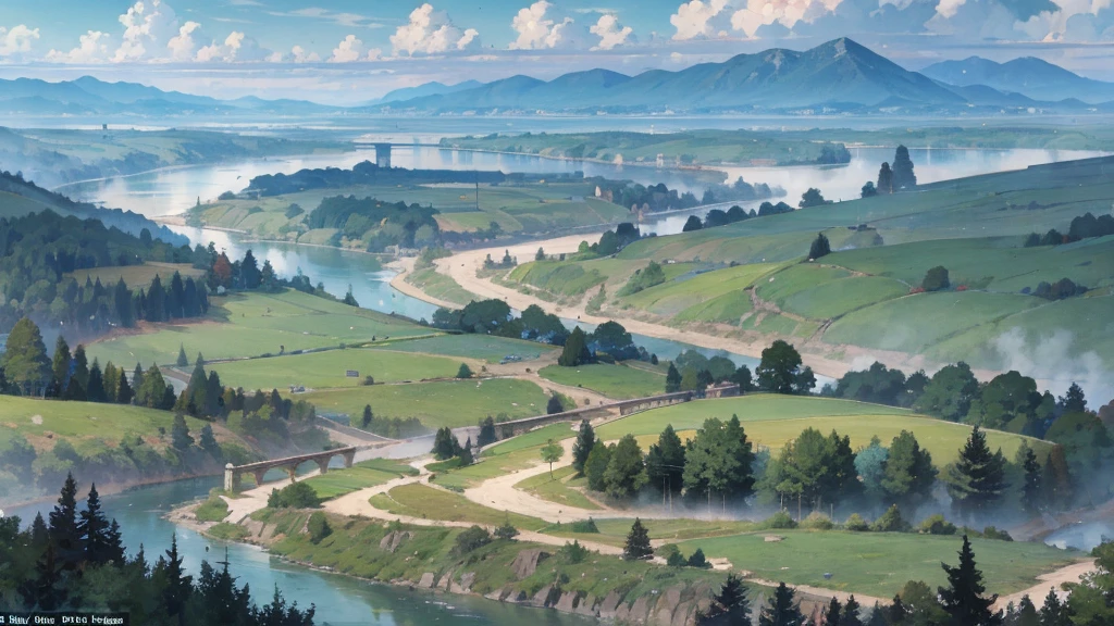 A medieval road along the river, where horse-drawn carriages and travelers come and go, a vast forest spreads out on the other side of the river, grasslands spread out on the opposite bank, and mountains can be seen in the distance.