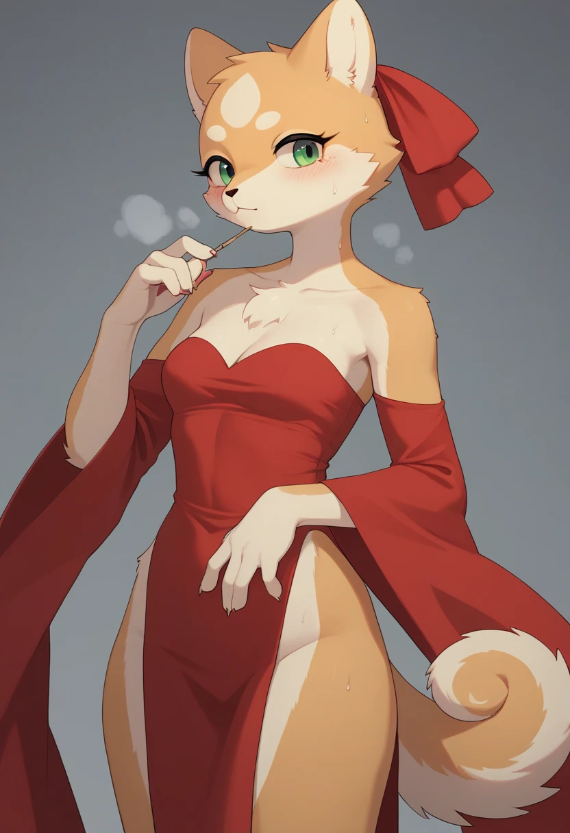 ((Masterpiece)), ((Best Quality)), (Very Detailed), ((Very Detailed)), 4K, (8K), very aesthetic, absurdres highres, 1 girl, (anthropomorphic shiba dog, furry, kemono:1.5), Adult woman, beautiful woman, tall, long eyelashes, athletic body, Flamenco dancers in red dresses dance passionately on stage. Sweat glistens on her body, and her movements are both supple and powerful. A spotlight shines on the dark background, bringing out the silhouettes of the audience. Warm colors and dramatic shadows emphasize the dancers' passion and tension. The movement of the dress adds dynamism and sharp concentration can be seen in the dancers' eye,