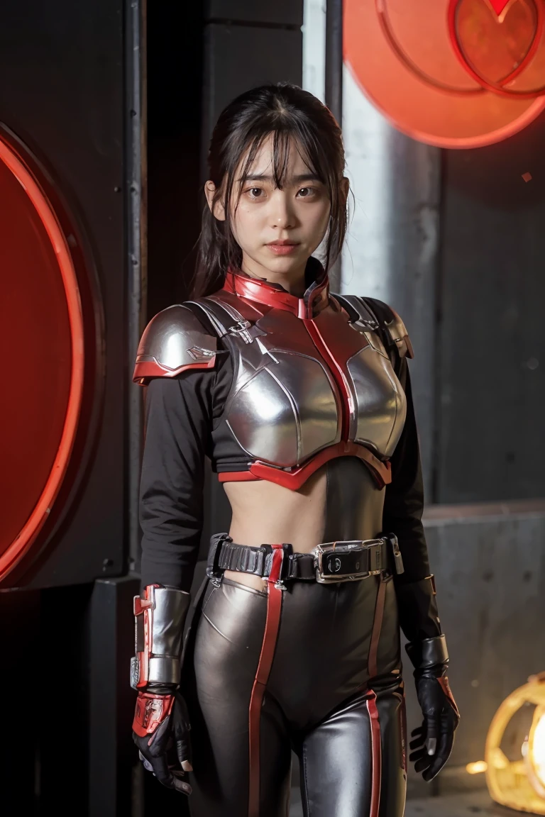 1girl, solo, 8K, Top,hentail realism、Front lighting,Kamen Rider Scarlet_Sun。Metallic body,Crimson shone with a silver glow、Wear a deformed belt、Burn with a righteous heart, She follows the minions of evil々Defeat。The fighting intensified、The last enemy appears。Special moves(Crimson crushed)、Kamen Rider illuminates the darkness。