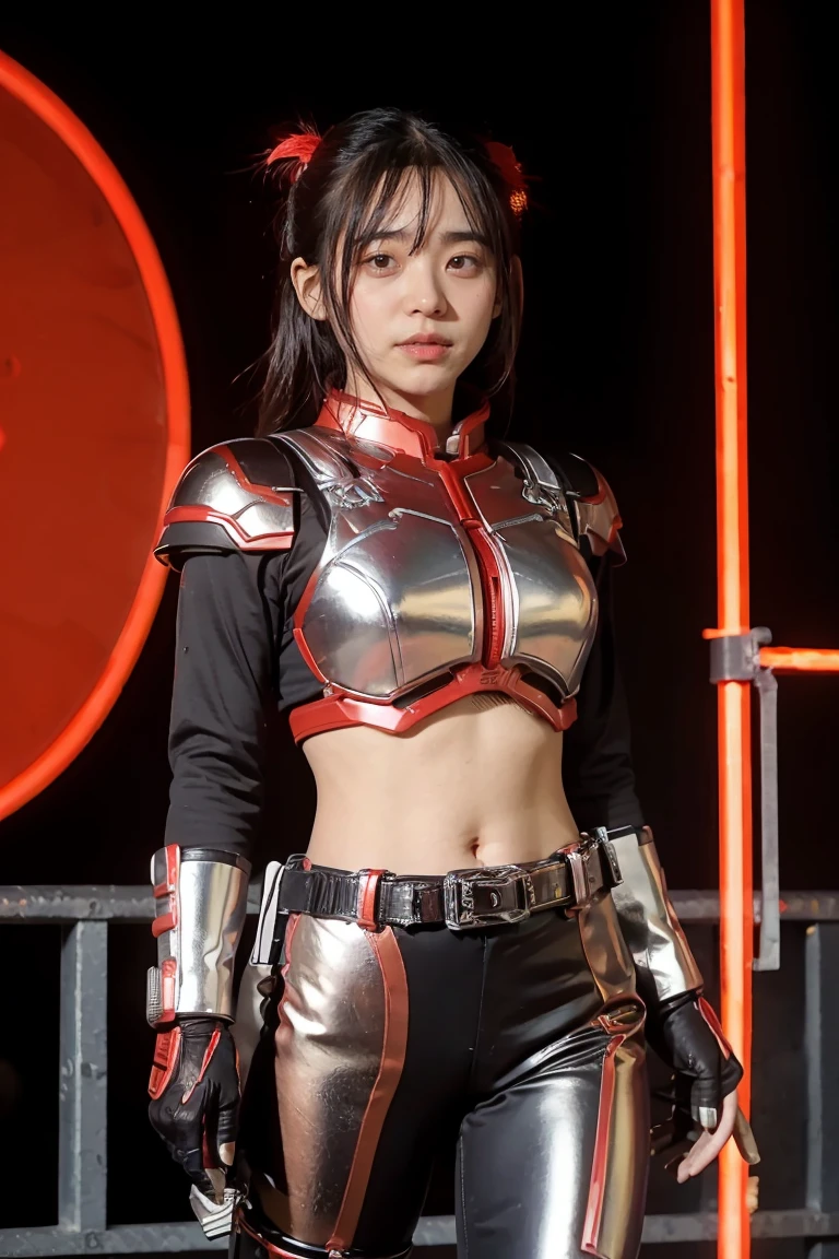 1girl, solo, 8K, Top,hentail realism、Front lighting,Kamen Rider Scarlet_Sun。Metallic body,Crimson shone with a silver glow、Wear a deformed belt、Burn with a righteous heart, She follows the minions of evil々Defeat。The fighting intensified、The last enemy appears。Special moves(Crimson crushed)、Kamen Rider illuminates the darkness。
