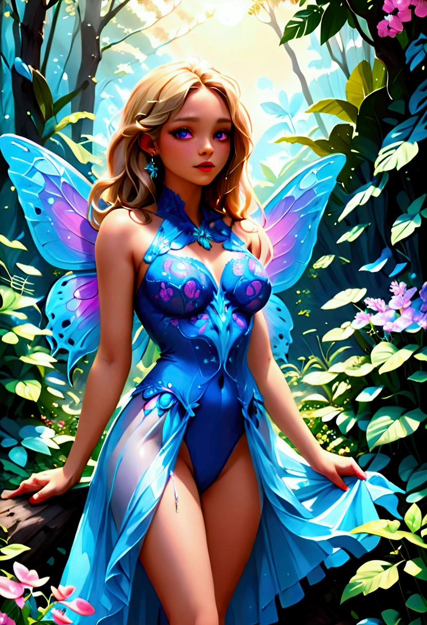 a picture of a jungle fairy, an extraordinary beautiful, elegant beauty, divine beautiful fairy, ((anatomically correct: 1.5)) spread butterfly wings, blue and purple wings, pink eyes, glowing eyes, (ultra detailed face: 1.2), best detailed face,  blond hair, rich hair, wavy hair, glamour dress, wild dress, dress decorated with jungle flowers,  sitting on massive heliconia tree the rain forest, sun rays coming through the trees, Hyperrealism style, vibrant, Ultra-high resolution, High Contrast, (masterpiece:1.5), highest quality, Best aesthetics), best details, best quality, highres, ultra wide angle, 16k, [ultra detailed], masterpiece, best quality, (extremely detailed) RAW, chumbasket art style, FairyTaleAI, fairy wings, chumbasket art style 