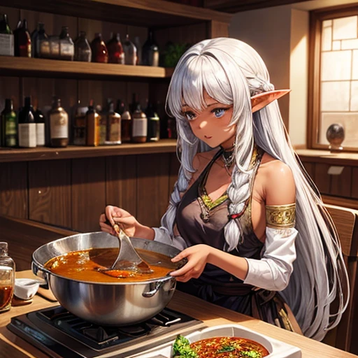 Making curry at a curry restaurant　A dark-skinned elven woman with long silver hair.　