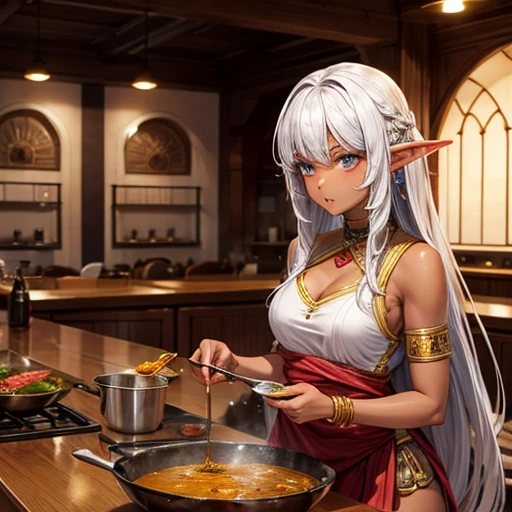 Making curry at a curry restaurant A dark-skinned elven woman with long silver hair.