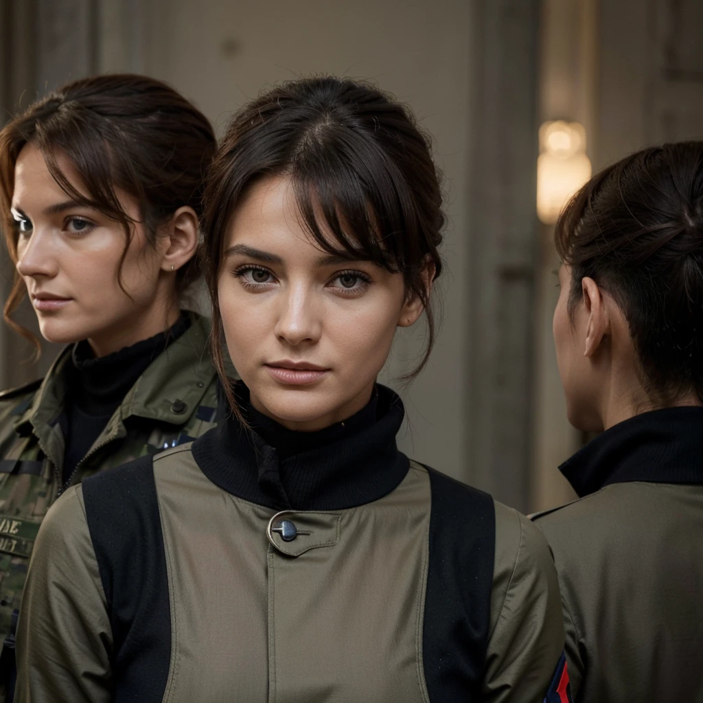 La plus belle femme militaire du monde,avec un magnifique visage très détaillé unique structuré, une magnifique coupe de cheveux de couleur noir,une tenue de militaires avec un gilet par balle, elle tient un glock 19 dans ses mains