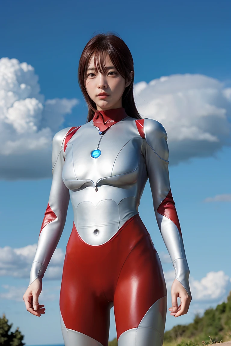 (((blue sky with cloud in background))), Ultraman、realistic、realistic、cinematic lighting, Girl in a shiny red and silver suit、18 years old、professional photo, Japanese model, Japanese cgi、Ultraman Suit、tight and thin cyber suit, Whole body rubbery delicate body, big breasts、small ass、thin thighs、thin arms、thin waist、、Both sides of the cyber suit stick to the skin、Big eyes、facing the front、facing the front、A glowing sphere is embedded in the chest.