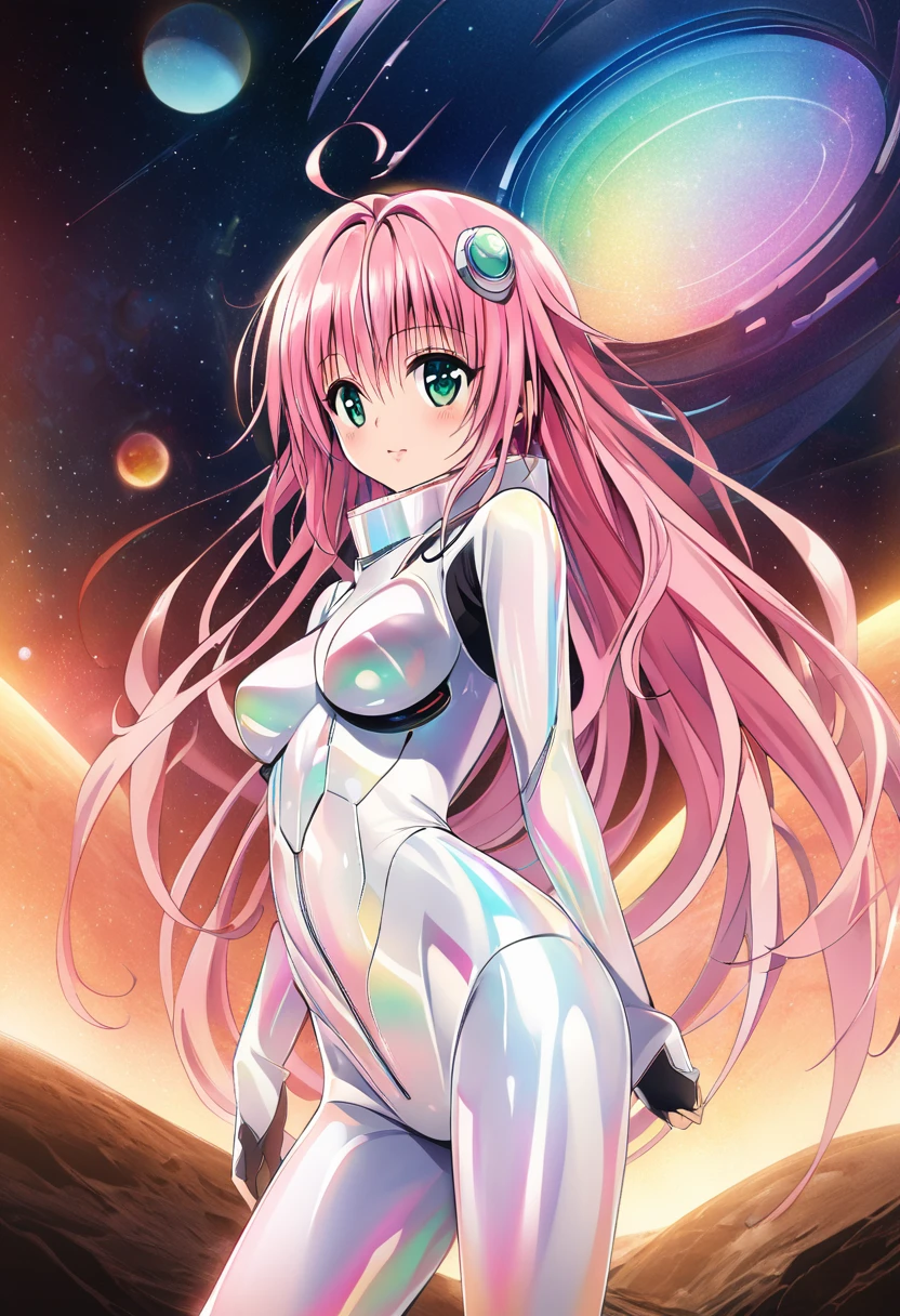 A girl named Lara Satalin Deviluke with long pink hair and green eyes, wearing a hair ornament with iridescent colors. She is in a futuristic space suit, standing on an alien planet with a starry sky and glowing planets in the background. The image is in the style of Yabuki Kentaro’s To Love-Ru art style, aiming to be a masterpiece of the highest quality, resembling official art and a grand prix award illustration. The image should feature professional lighting and emphasize iridescent colors throughout the scene.