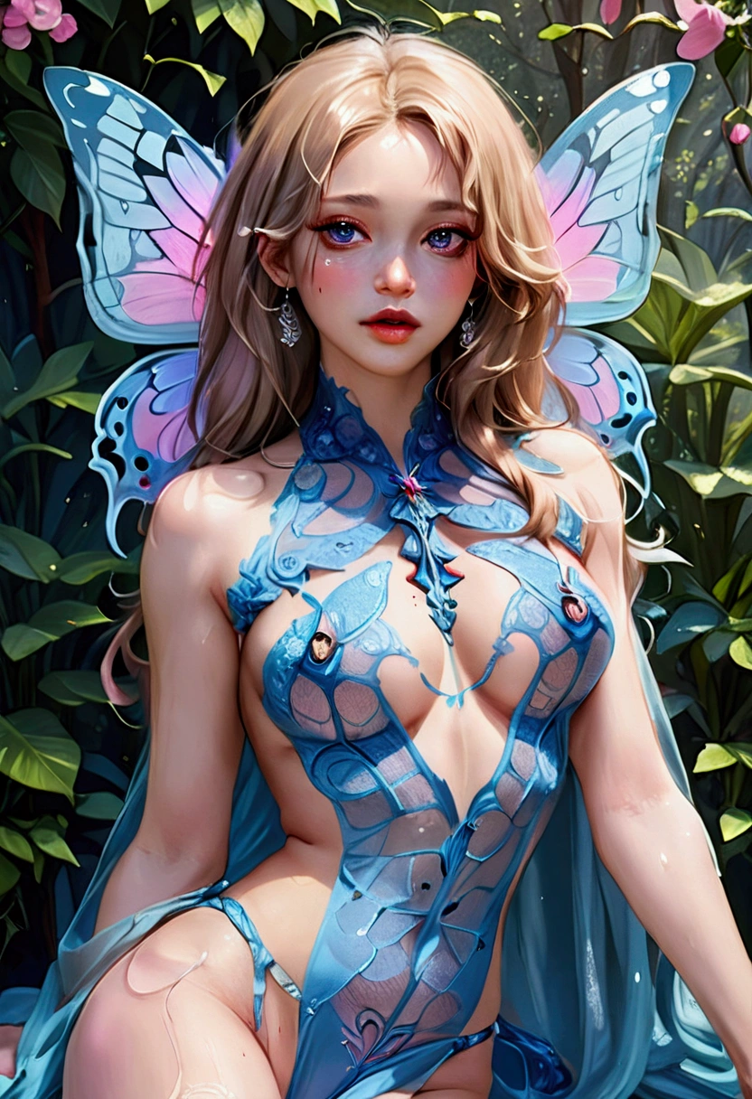 a picture of a jungle fairy, an extraordinary beautiful, elegant beauty, divine beautiful fairy, ((anatomically correct: 1.5)) spread butterfly wings, blue and purple wings, pink eyes, glowing eyes, (ultra detailed face: 1.2), best detailed face,  blond hair, rich hair, wavy hair, glamour dress, wild dress, dress decorated with jungle flowers,  sitting on massive heliconia tree the rain forest, sun rays coming through the trees, Hyperrealism style, vibrant, Ultra-high resolution, High Contrast, (masterpiece:1.5), highest quality, Best aesthetics), best details, best quality, highres, ultra wide angle, 16k, [ultra detailed], masterpiece, best quality, (extremely detailed) RAW, chumbasket art style, FairyTaleAI, fairy wings, 