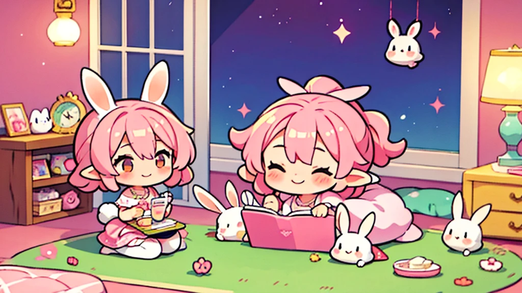 Rabbit Mimi、Chibi Elf Pink Room、Relaxing in a cute room、A big smile