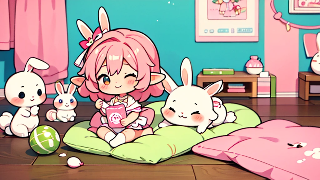 Rabbit Mimi、Chibi Elf Pink Room、Relaxing in a cute room、A big smile