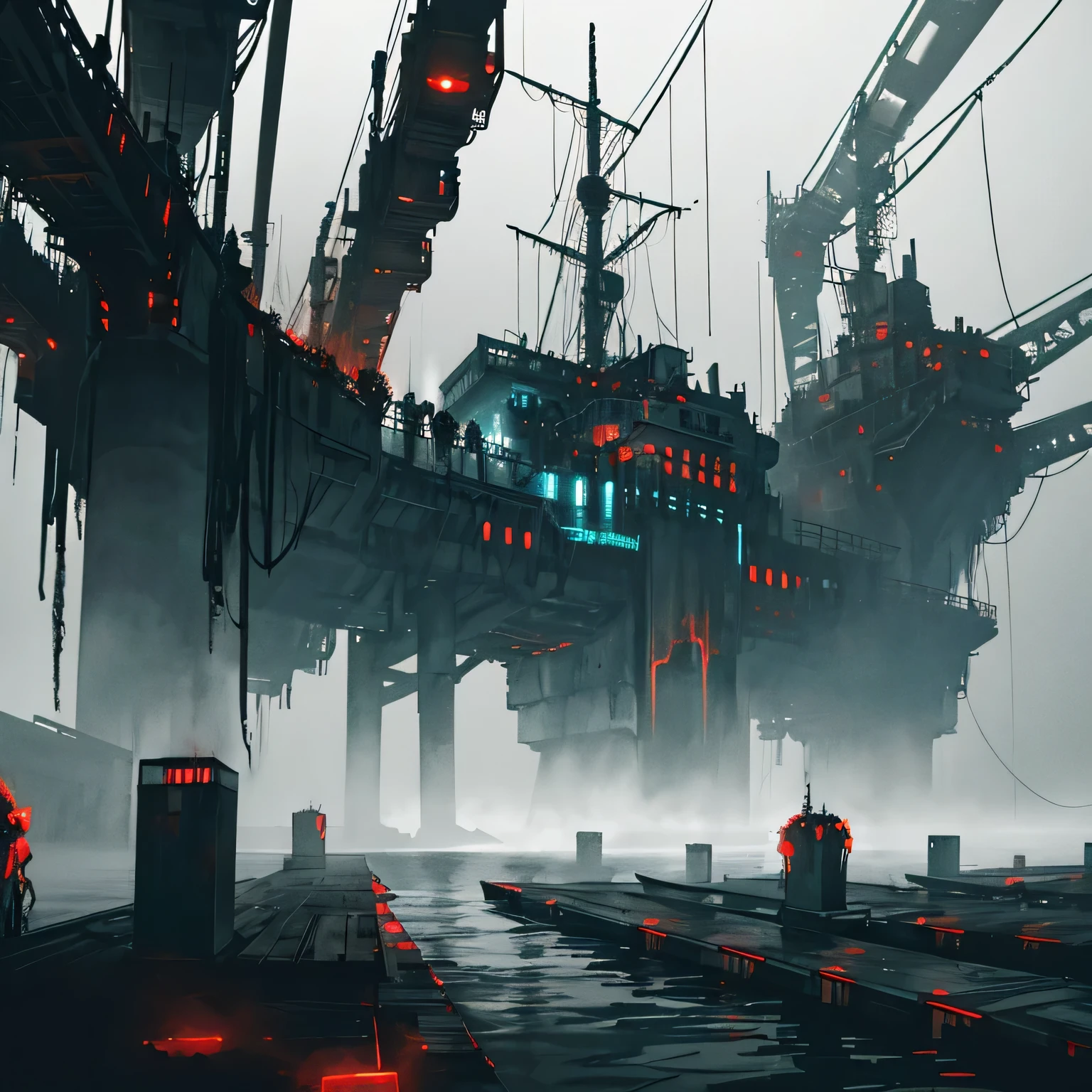 ((dark biopunk horror)), gloomy biopunk harbor, pale thick fog, dark black water, massive biopunk pier, dark biopunk docks, cold lighting, cold lights, dark art, highly detailed, extremely detailed, highly detailed background, masterpiece