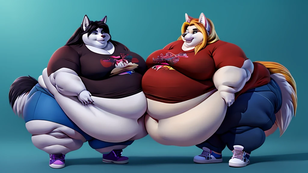 A gorgeous extremely morbidly obese female wolf , long hair , huge belly , huge breasts, huge body,huge thighs , double chin, chubby cheeks duo, pants, t-shirt , sneakers (masterpiece, best quality, 8k)