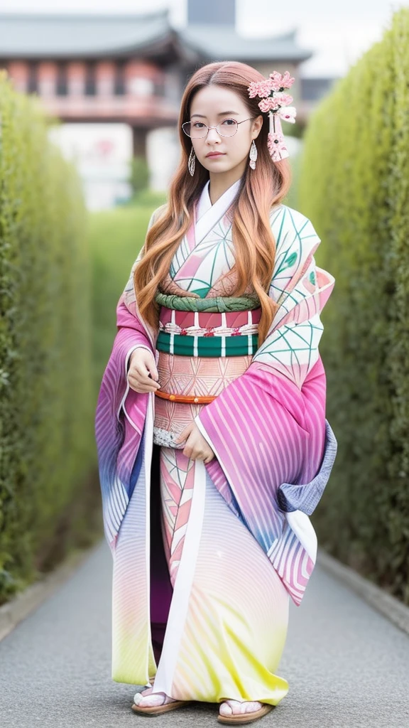 Cute Japanese woman, (16 years old), (very cute face), white moisturized skin, looking at the camera, melancholy expression, (glasses: 1.4),
BREAK,
Idol,
BREAK,
(wearing cute kimono: 1.3), (kimono with high exposure), very large earrings, short length,
BREAK,
(long hair), (pink hair: 1.4), (wavy hair), (gradient hair: 1.3), (hair with red ends),
BREAK,
(realistic: 1.3), masterpiece, perfect lighting, (ultra-high resolution), (8K), (highly detailed: 1.4), (from the front), (full body: 1.4), (symmetrical: 1.2), (one shot),
BREAK,
(Shibuya city in Japan: 1.2),
BREAK,
(Demon Slayer: 1.4),
BREAK,
(Hirose Suzu: 1.4),