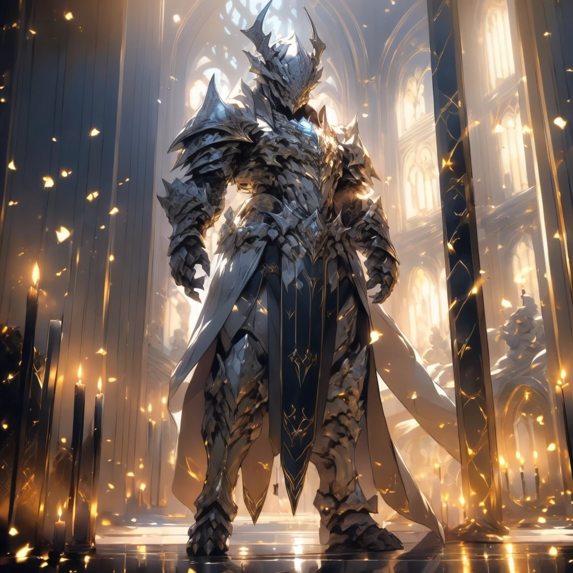 (silver dragonborn, male, golden horns, solo portrait, stoic pose, holding a book, black scales, scales, reptilian face, blue eyes) tail, buff, black and silver armor, black and silver chest armor, black and silver gauntlets, black and silver pauldrons, dark blue cloak, dark blue robes, inside, close-up, standing inside, good lighting, candles in back ground, in temple ((masterpiece, best quality)), art by greg rutkowski, 1 male, full body