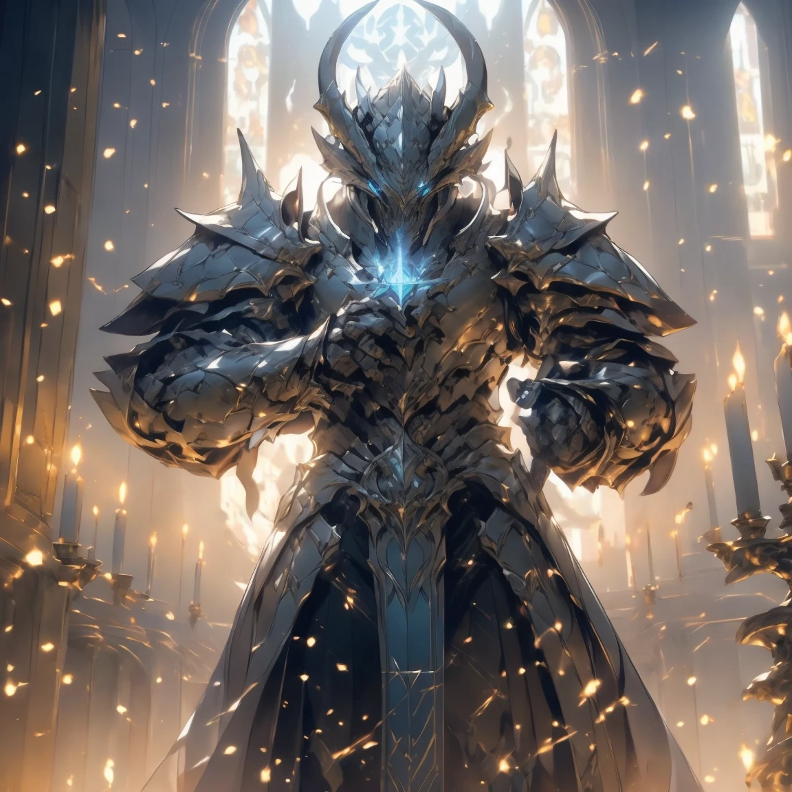 (silver dragonborn, male, golden horns, solo portrait, stoic pose, holding a book, black scales, scales, reptilian face, blue eyes) tail, buff, black and silver armor, black and silver chest armor, black and silver gauntlets, black and silver pauldrons, dark blue cloak, dark blue robes, inside, close-up, standing inside, good lighting, candles in back ground, in temple ((masterpiece, best quality)), art by greg rutkowski, 1 male, full body