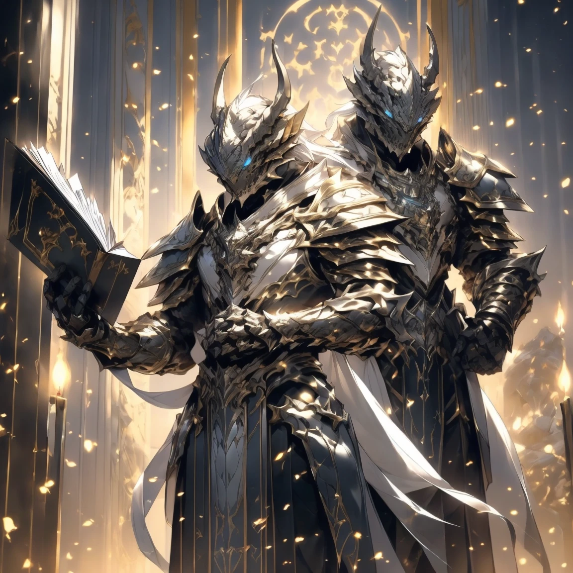(silver dragonborn, male, golden horns, solo portrait, stoic pose, holding a book, black scales, scales, reptilian face, blue eyes) tail, buff, black and silver armor, black and silver chest armor, black and silver gauntlets, black and silver pauldrons, dark blue cloak, dark blue robes, inside, close-up, standing inside, good lighting, candles in back ground, in temple ((masterpiece, best quality)), art by greg rutkowski, 1 male, full body