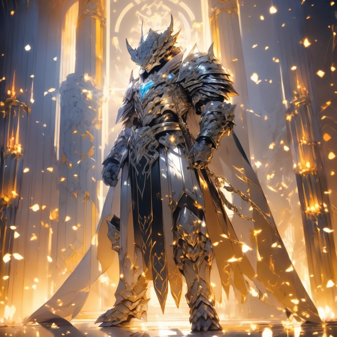 (silver dragonborn, male, golden horns, solo portrait, stoic pose, holding a book, black scales, scales, reptilian face, blue eyes) tail, buff, black and silver armor, black and silver chest armor, black and silver gauntlets, black and silver pauldrons, dark blue cloak, dark blue robes, inside, close-up, standing inside, good lighting, candles in back ground, in temple ((masterpiece, best quality)), art by greg rutkowski, 1 male, full body