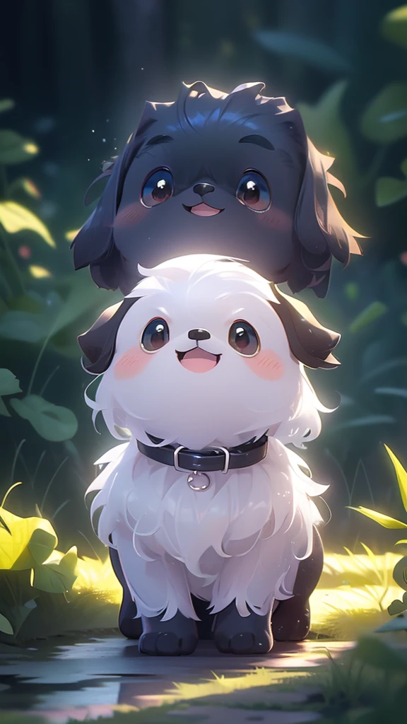2 adorable small black Shih Tzu puppies wearing white collars playing, 3D, Pixar style