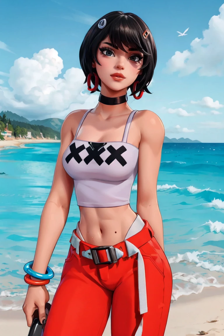 masterpiece,best quality,extreme detail,8k,cowboy_shot,upper_body,evie2,1girl,solo,breasts,(nsfw),smile,short hair,black hair,hair ornament,navel,brown eyes,jewelry,medium breasts,earrings,choker,midriff,belt,pants,mole,bracelet,lips,crop top white,makeup,black choker,tank top,beach background,hoop earrings,red pants,bangle,