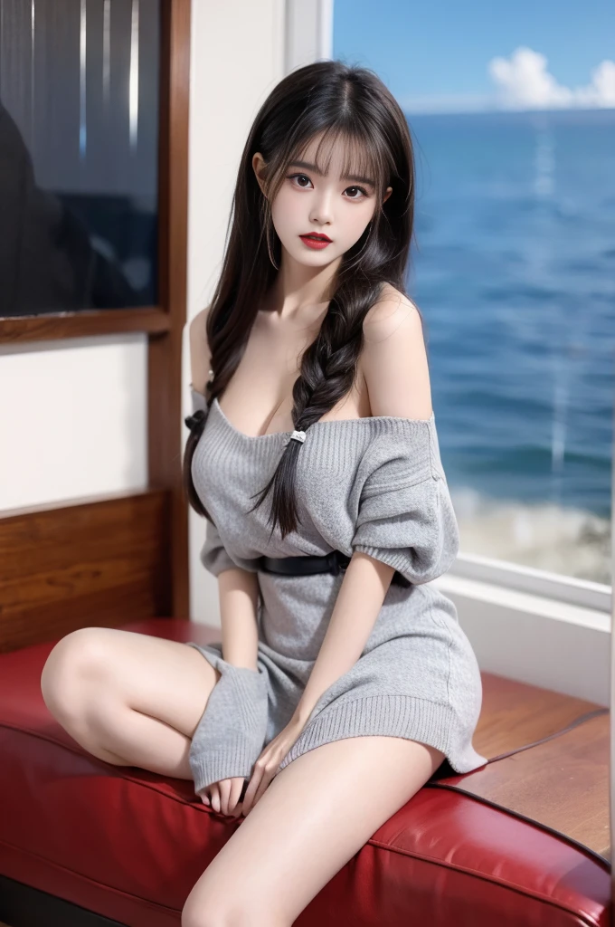 Clothes pull skirt pull dress pull shirt pull sweater pull wind pull wind lift ((Large Breasts)), ((D cup)), Visible cleavage,Highly detailed face and skin texture,((Bare shoulders)), Double eyelids,Skin Whitening,Long hair,Whitening long legs,Standing by the sea, Fashion Girl, Red lips, Sweet girl, Beautiful makeup, detail, lifelike, Very detailed, Astonishing, beautiful, Young and energetic, high quality,HD, Colorful, beautiful, Smooth skin, The skirt is very short, Official Art, Extremely detailed, atmosphere, Soft colors, Natural skin texture, Random Scenes, Random shooting angle, Black knee socks, Lace hem