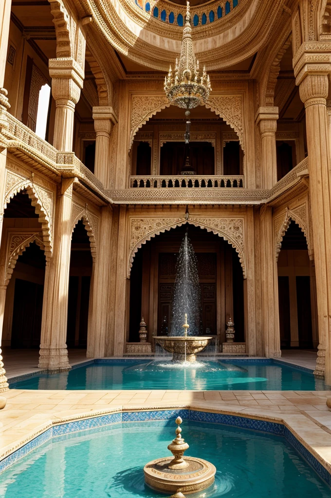 Big indian style palace with massive lobby and fountain and larger yhan life chandleir