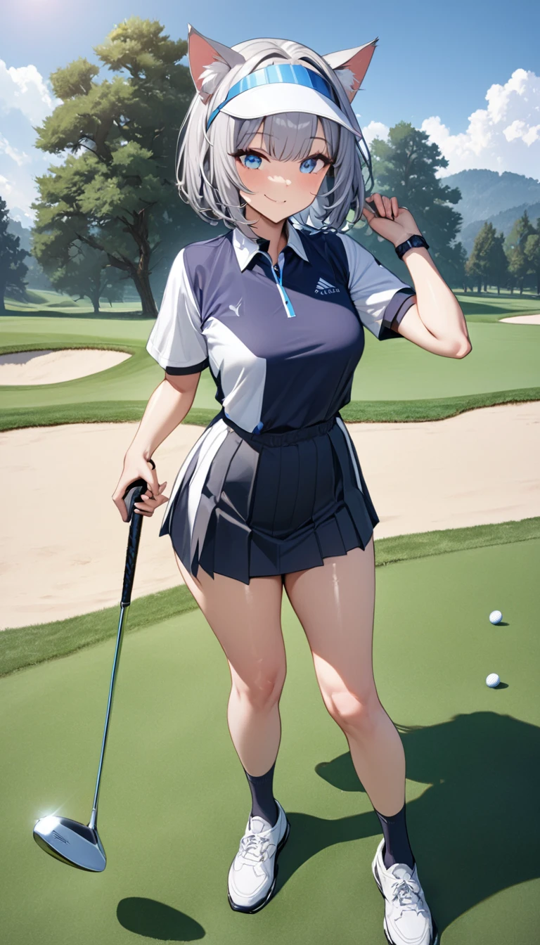 1girl、(((best quality)), ((masterpiece)), (details), masterpiece, best quality, high quality, ulutra detailed, perfect face, ((1girl, Blue eyes, cat ears: 1.3 silver bob hair: 2.5,))、Shiny Hair、Glowing Skin、Happy face、Lustful look、whole body、Body lines、blue sky、Golf course、Holding a golf club、Sun visor、Golf Wear、Golf Wearスカート、socks、Golf shoes