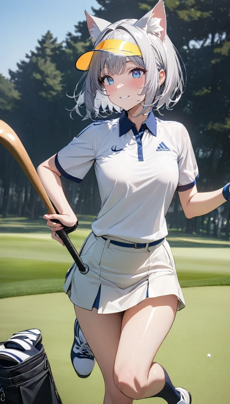 1girl、(((best quality)), ((masterpiece)), (details), masterpiece, best quality, high quality, ulutra detailed, perfect face, ((1girl, Blue eyes, cat ears: 1.3 silver bob hair: 2.5,))、Shiny Hair、Glowing Skin、Happy face、Lustful look、whole body、Body lines、blue sky、Golf course、Holding a golf club、Sun visor、Golf Wear、Golf Wearスカート、socks、Golf shoes