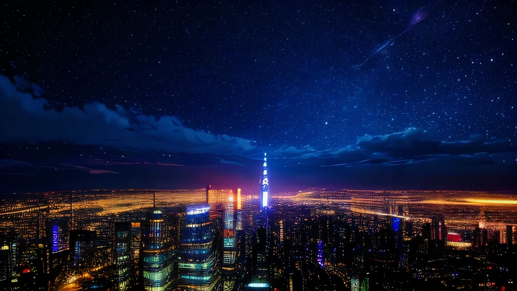 Night view from a high place、Drawing a large number of skyscrapers, Starry Sky.Surrounded by colorful nebulae and colorful metropolises.