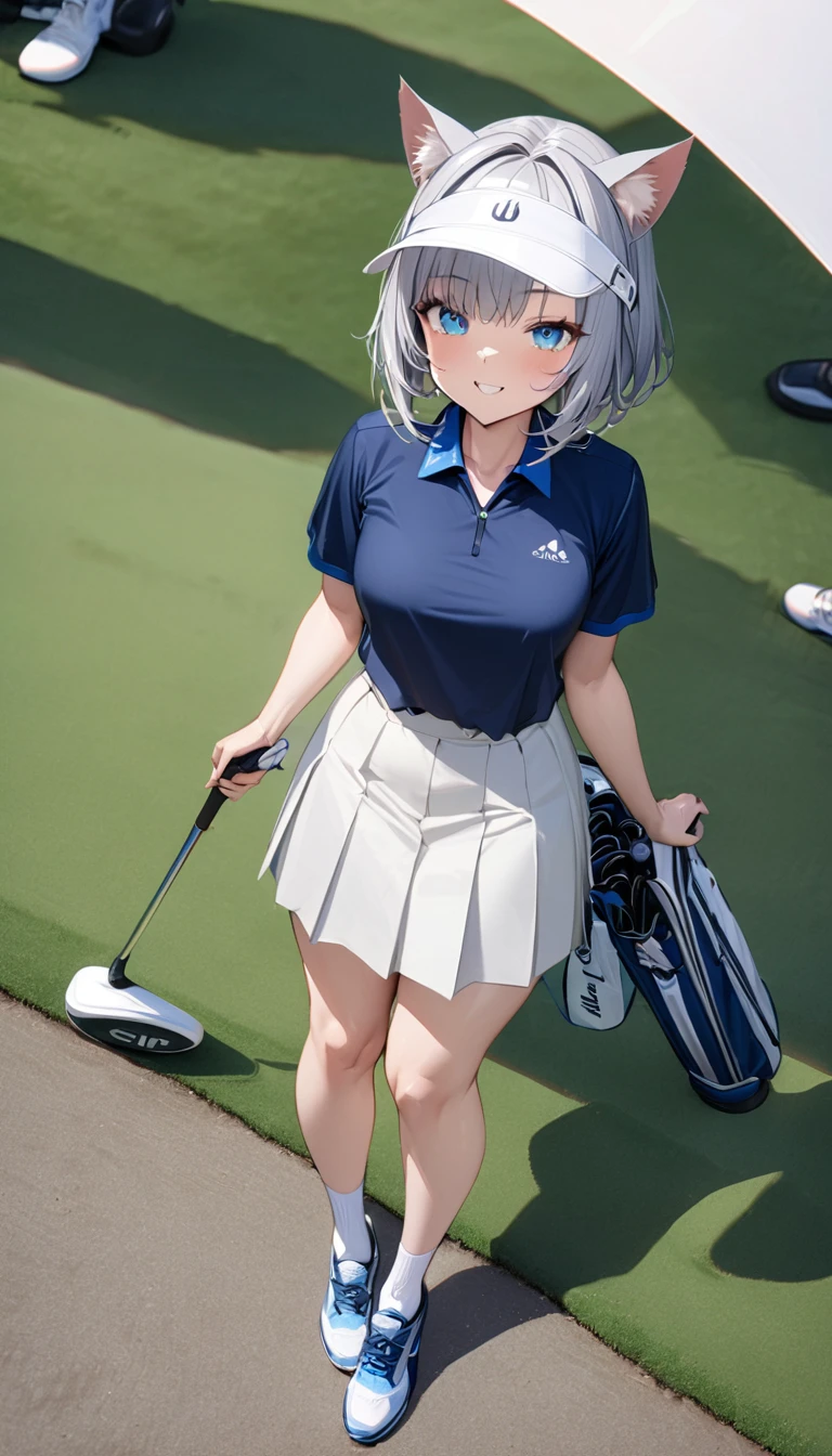 1girl、(((best quality)), ((masterpiece)), (details), masterpiece, best quality, high quality, ulutra detailed, perfect face, ((1girl, Blue eyes, cat ears: 1.3 silver bob hair: 2.5,))、Shiny Hair、Glowing Skin、Happy face、Lustful look、whole body、Body lines、blue sky、Golf course、Holding a golf club、Sun visor、Golf Wear、Golf Wearスカート、socks、Golf shoes