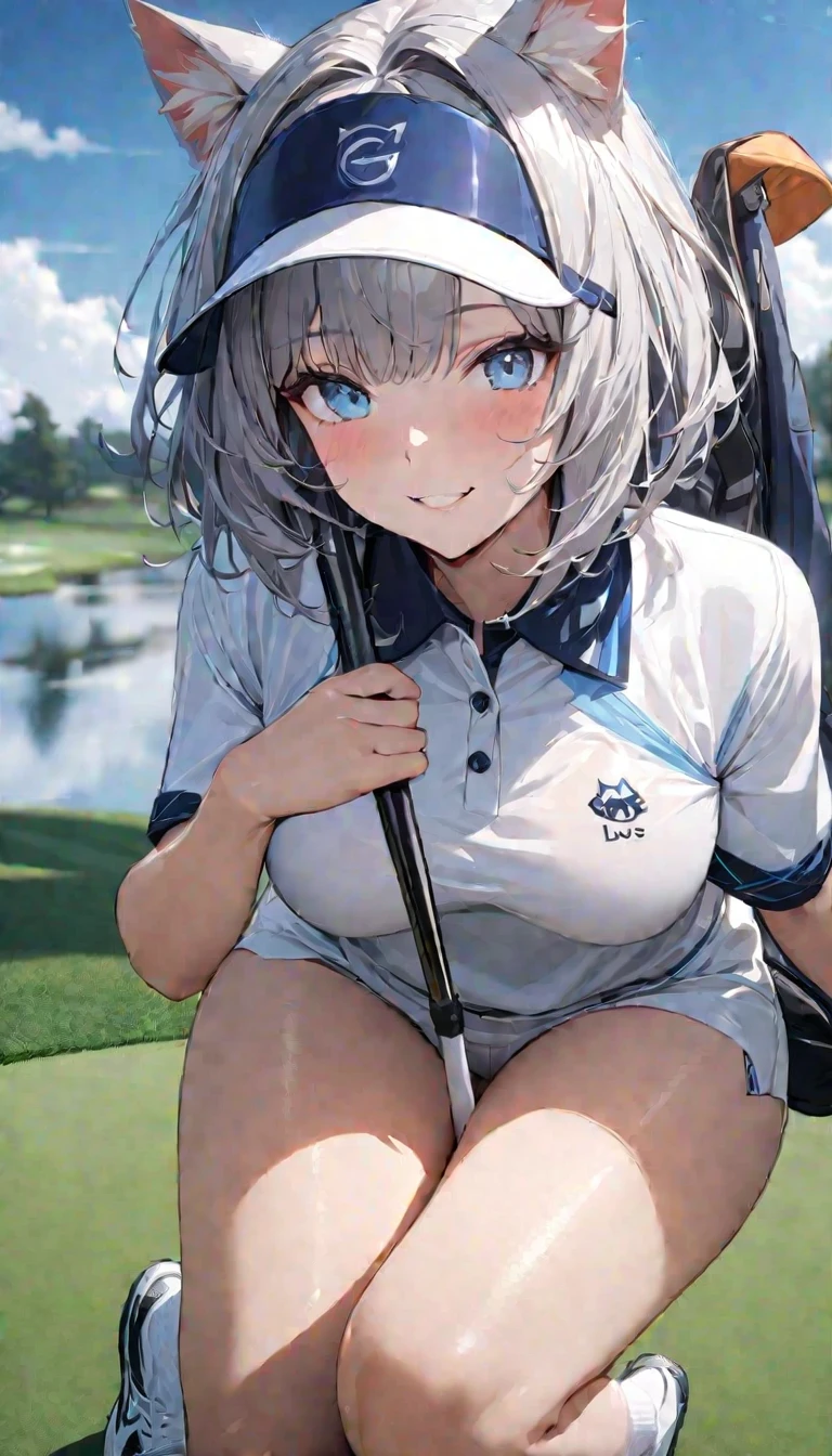 1girl、(((best quality)), ((masterpiece)), (details), masterpiece, best quality, high quality, ulutra detailed, perfect face, ((1girl, Blue eyes, cat ears: 1.3 silver bob hair: 2.5,))、Shiny Hair、Glowing Skin、Happy face、Lustful look、whole body、Body lines、blue sky、Golf course、Holding a golf club、Sun visor、Golf Wear、Golf Wearスカート、socks、Golf shoes