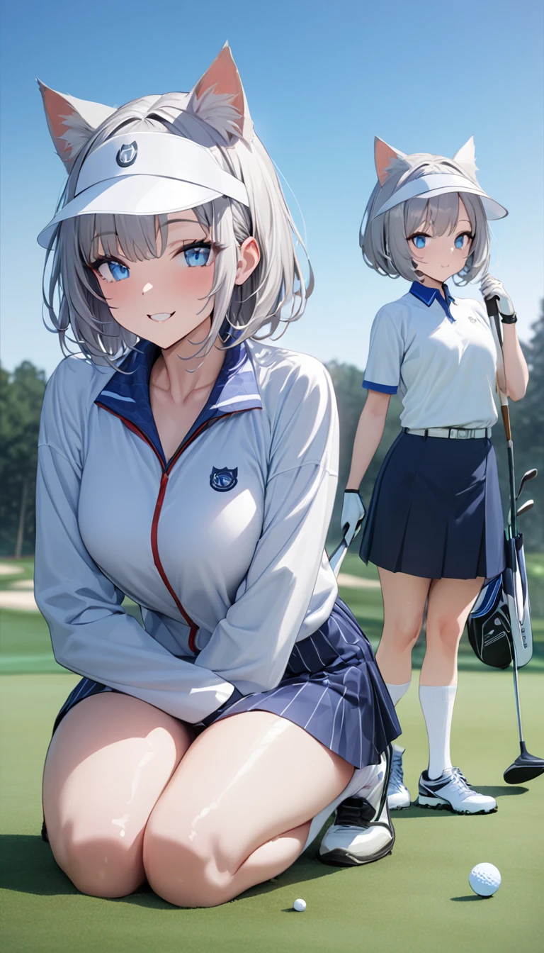1girl、(((best quality)), ((masterpiece)), (details), masterpiece, best quality, high quality, ulutra detailed, perfect face, ((1girl, Blue eyes, cat ears: 1.3 silver bob hair: 2.5,))、Shiny Hair、Glowing Skin、Happy face、Lustful look、whole body、Body lines、blue sky、Golf course、Holding a golf club、Sun visor、Golf Wear、Golf Wearスカート、socks、Golf shoes