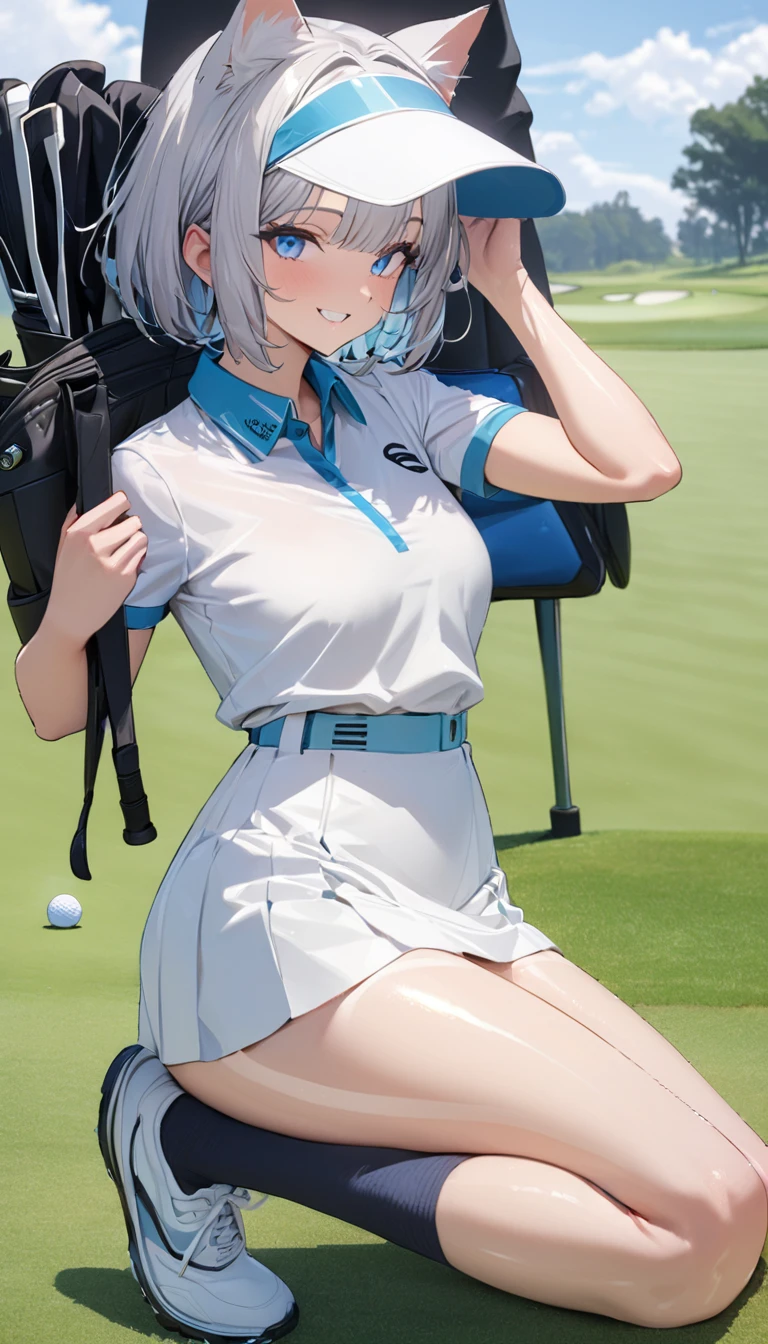 1girl、(((best quality)), ((masterpiece)), (details), masterpiece, best quality, high quality, ulutra detailed, perfect face, ((1girl, Blue eyes, cat ears: 1.3 silver bob hair: 2.5,))、Shiny Hair、Glowing Skin、Happy face、Lustful look、whole body、Body lines、blue sky、Golf course、Holding a golf club、Sun visor、Golf Wear、Golf Wearスカート、socks、Golf shoes