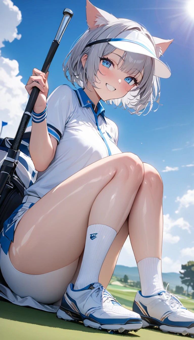 1girl、(((best quality)), ((masterpiece)), (details), masterpiece, best quality, high quality, ulutra detailed, perfect face, ((1girl, Blue eyes, cat ears: 1.3 silver bob hair: 2.5,))、Shiny Hair、Glowing Skin、Happy face、Lustful look、whole body、Body lines、blue sky、Golf course、Holding a golf club、Sun visor、Golf Wear、Golf Wearスカート、socks、Golf shoes