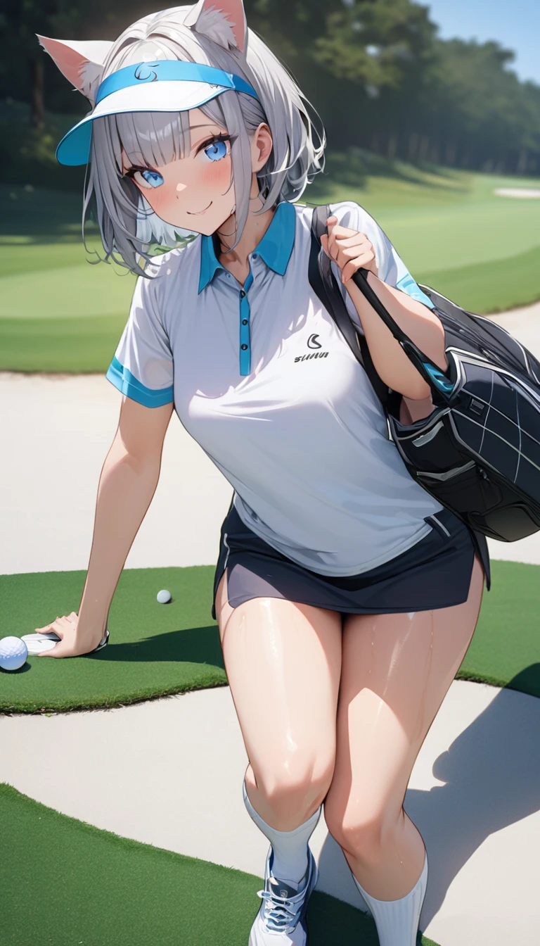 1girl、(((best quality)), ((masterpiece)), (details), masterpiece, best quality, high quality, ulutra detailed, perfect face, ((1girl, Blue eyes, cat ears: 1.3 silver bob hair: 2.5,))、Shiny Hair、Glowing Skin、Happy face、Lustful look、whole body、Body lines、blue sky、Golf course、Holding a golf club、Sun visor、Golf Wear、Golf Wearスカート、socks、Golf shoes