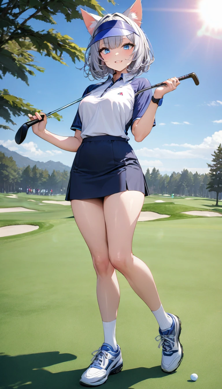 1girl、(((best quality)), ((masterpiece)), (details), masterpiece, best quality, high quality, ulutra detailed, perfect face, ((1girl, Blue eyes, cat ears: 1.3 silver bob hair: 2.5,))、Shiny Hair、Glowing Skin、Happy face、Lustful look、whole body、Body lines、blue sky、Golf course、Holding a golf club、Sun visor、Golf Wear、Golf Wearスカート、socks、Golf shoes