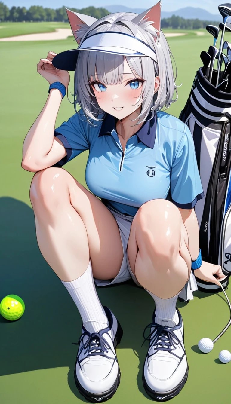 1girl、(((best quality)), ((masterpiece)), (details), masterpiece, best quality, high quality, ulutra detailed, perfect face, ((1girl, Blue eyes, cat ears: 1.3 silver bob hair: 2.5,))、Shiny Hair、Glowing Skin、Happy face、Lustful look、whole body、Body lines、blue sky、Golf course、Holding a golf club、Sun visor、Golf Wear、Golf Wearスカート、socks、Golf shoes