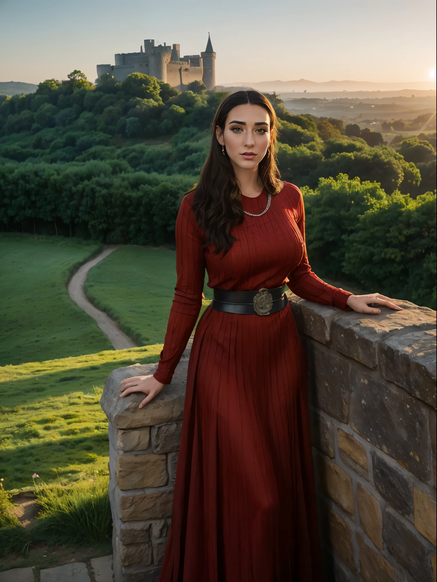 Gorgeous and sultry busty athletic (thin) brunette queen with sharp facial features wearing a modest updo, dark red medieval dress, long sleeves, intricate patterns, scrollwork, wide neck, crown, veil, long dress, modest dress, tight bodice, silver belt, (waist chain), medieval jewelry, Middle Ages, castle, rampart, wall, exterior, on top of a castle wall, trees, countryside, evening, sunset.